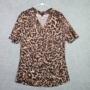 Lafayette 148 New York Size XL Leopard Print Ruched V Neck Short Sleeve Top